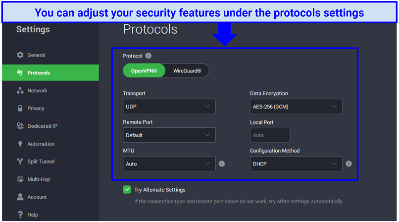 A screenshot showing PIA has customizable security features