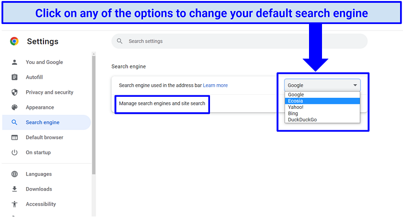 A screenshot showing where to find default search engines in Chrome
