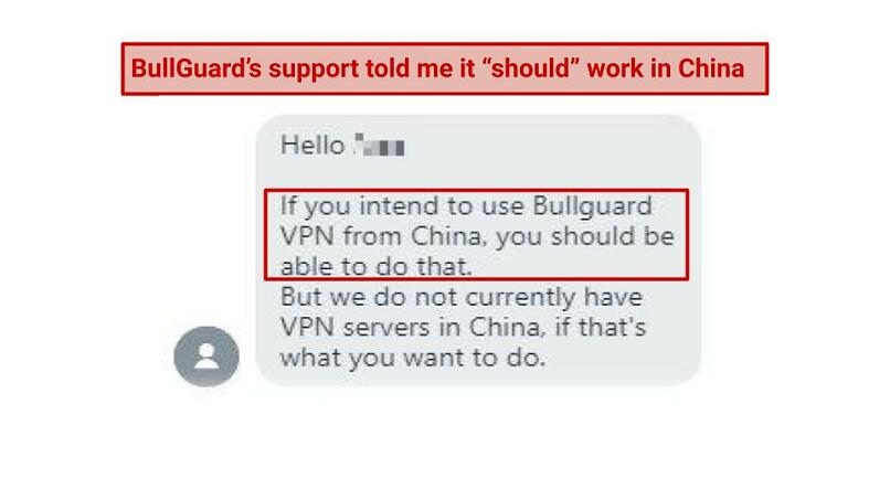 A screenshot of support's response when I asked if BullGuard works in China