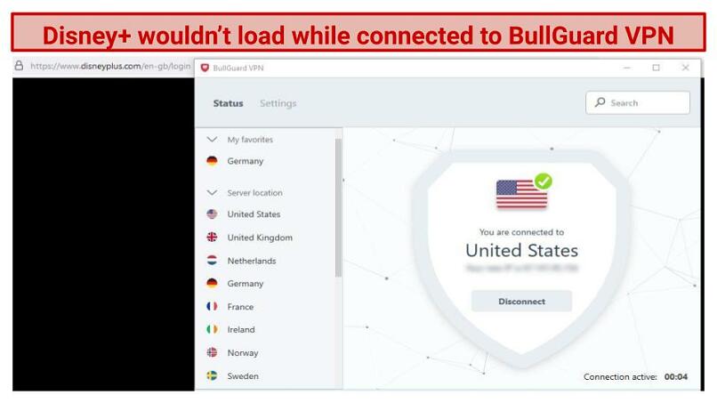 A screenshot of BullGuard failing to unblock Disney+