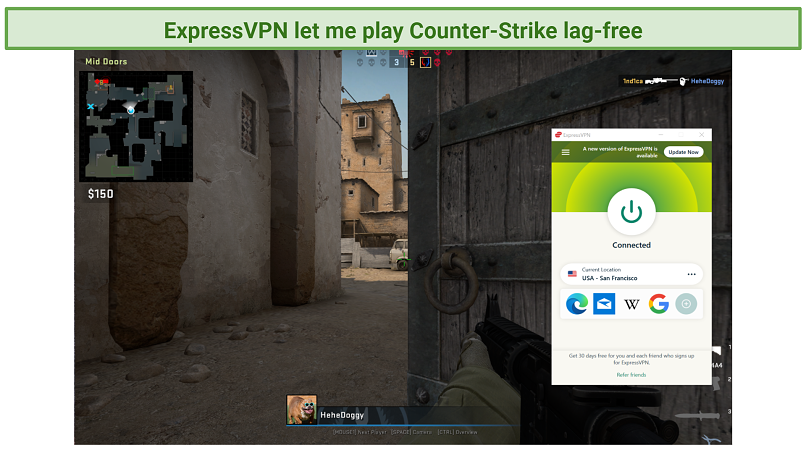 screenshot of CS: GO and ExpressVPN UI
