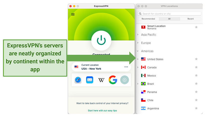 screenshot of ExpressVPN's macOS app showing the servers