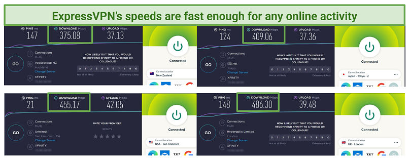 screenshots of ExpressVPN's speed test on its US, UK, New Zealand, and Japan servers