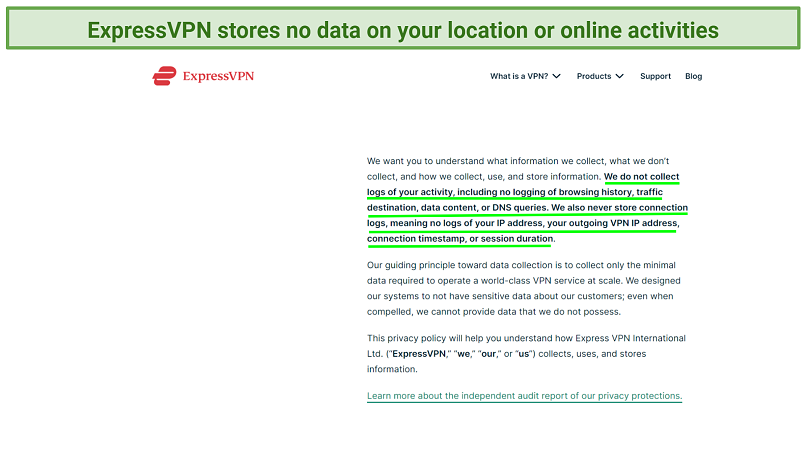 screenshot of ExpressVPN's privacy policy