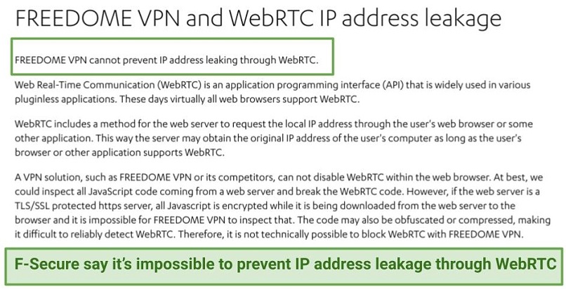 A screenshot of Freedome's statement regarding WebRTC