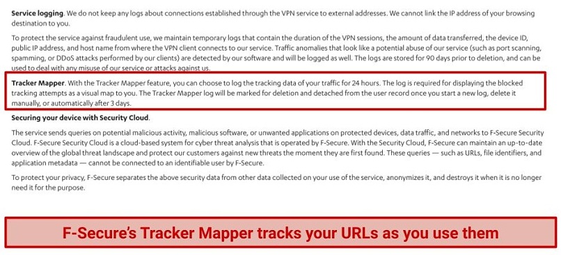 A screenshot of F-Secure's statement about its Tracker Mapper