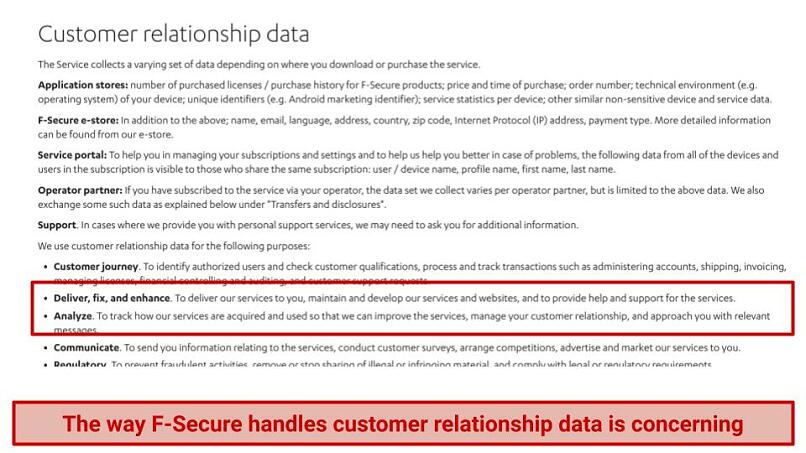 A screenshot of Freedome's Customer Relationship policy