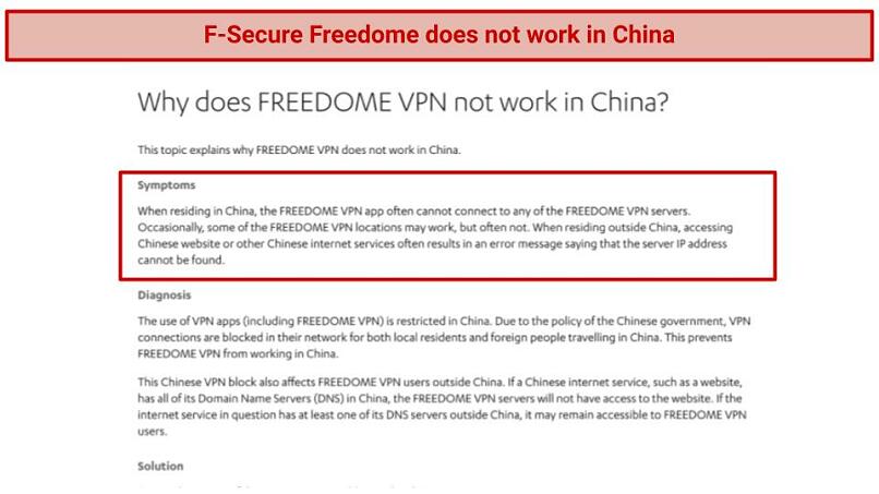 A screenshot of Freedome saying it doesn't work in China.