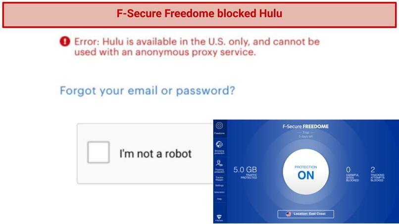 A screenshot showing that Hulu blocks F-Secure Freedome