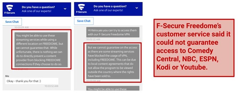 F-Secure customer support confirmed it can't guarantee access to Comedy Central, NBC, Kodi, ESPN, and Youtube.