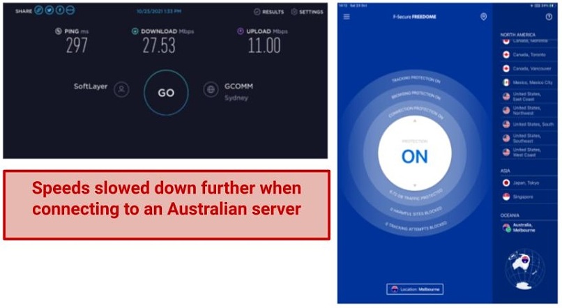 A screenshot of the speed test results on Freedome's Australian server