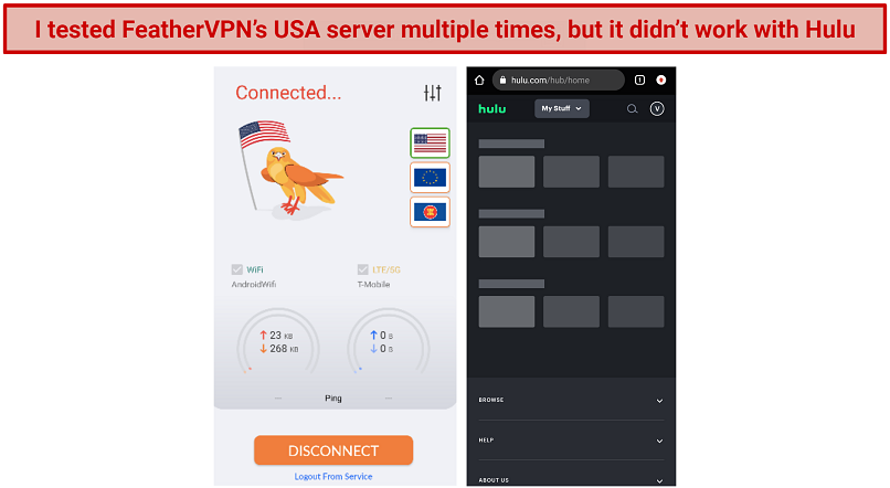Screenshot of Hulu app while connected to FeatherVPN