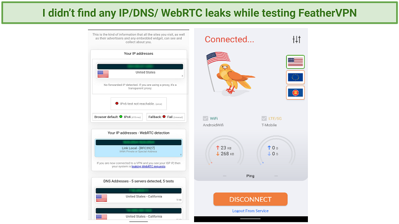 Screenshot of leak tests with FeatherVPN