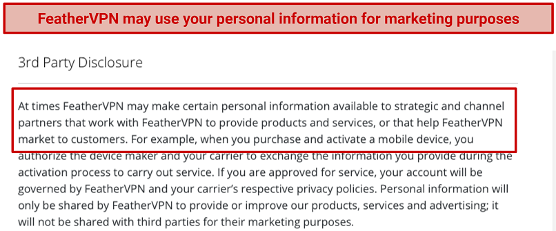 Screenshot of FeatherVPN's terms and conditions showing it can use your data for marketing purposes.