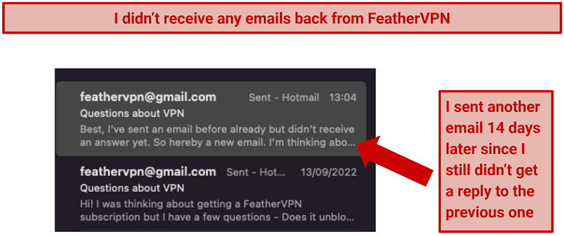 Screenshot showing my emails to FeatherVPN was left unanswered.