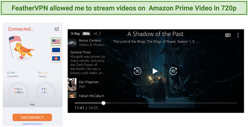 Screenshot of FeatherVPN unblocking Amazon Prime Video