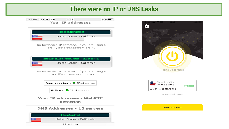 Screenshot of leak tests done on ipleaknet while connected to HotVPN