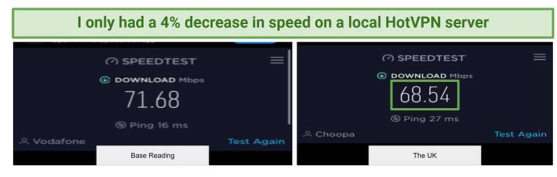 Graphic showing speed test results using HotVPN