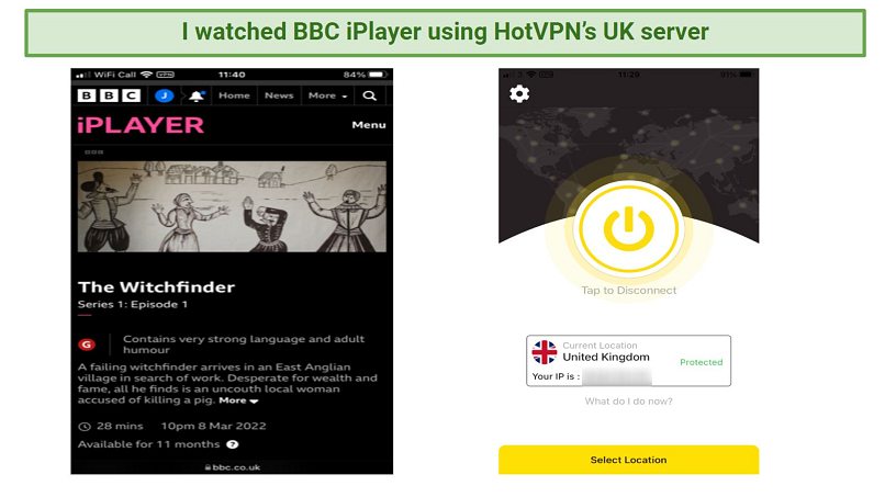Screenshot of BBC iPlayer unblocked while connected to HotVPN
