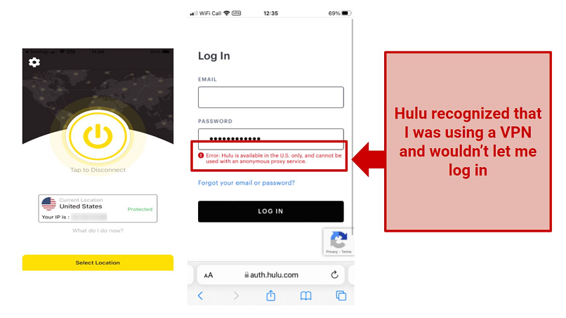 Screenshot of Hulu's login page not working while connected to HotVPN