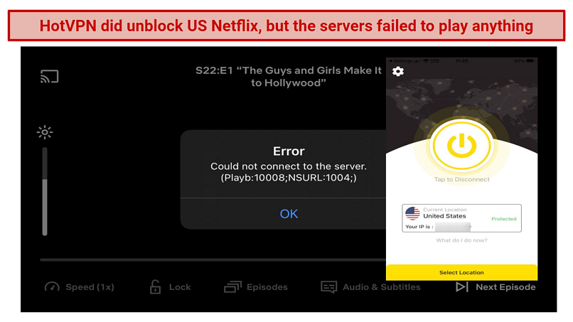 Screenshot of an error screen on Netflix while connected to HotVPN