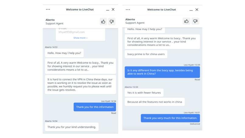 A screenshot of Ivacy's customer support talking about its use in China