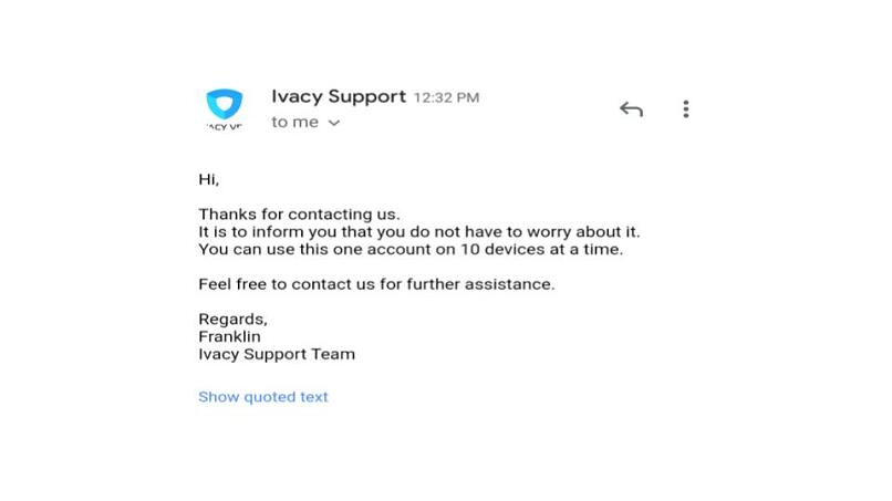 A screenshot of an email from Ivacy support.