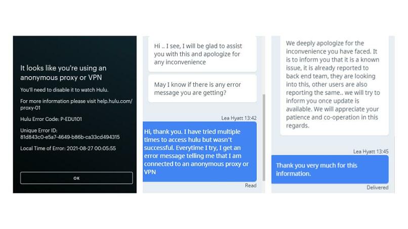A screenshot of Ivacy's customer support saying it can't unblock Hulu