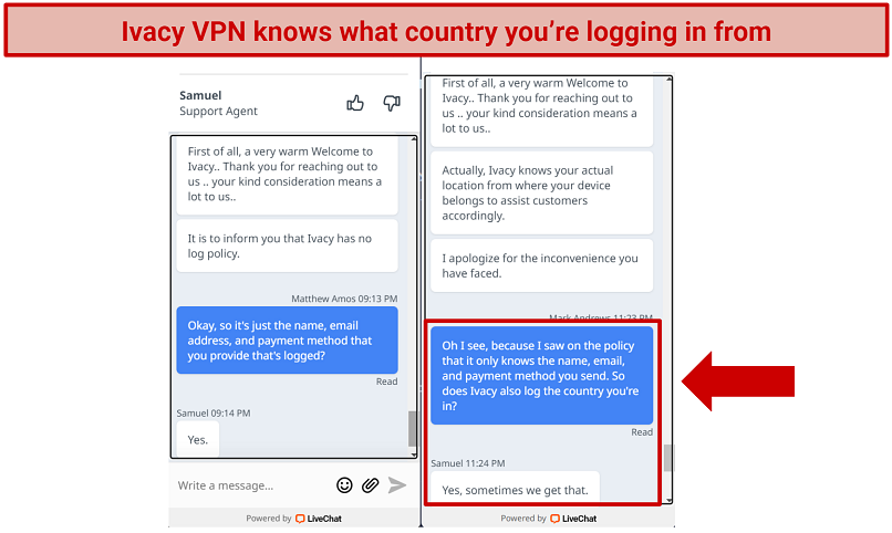 Screenshot of Ivacy VPN live chat where staff confirmed it logs your country