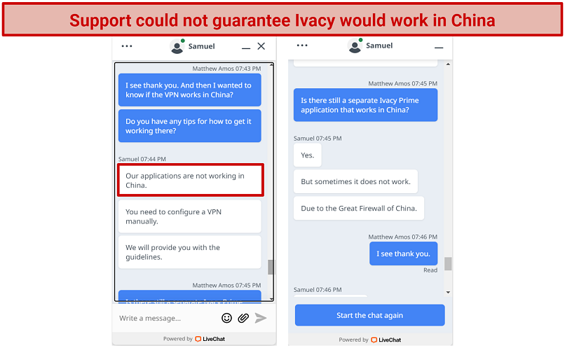 Screenshot of Ivacy VPN support staff telling me it doesn't always work in China