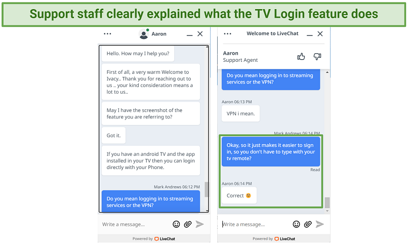 Screenshot of Ivacy VPN live chat where support staff explained TV login for me