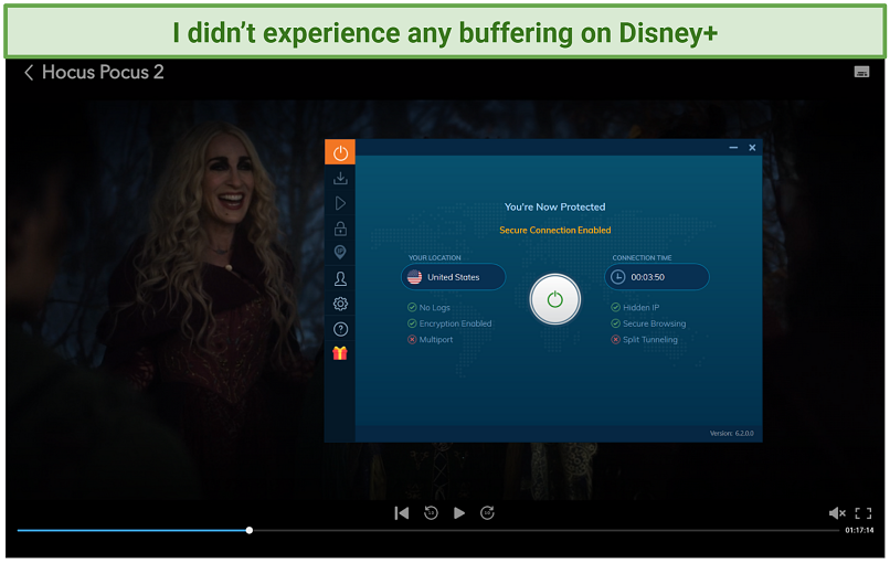 Screenshot of Hocus Pocus 2 streaming on the Disney+ player while connected to Ivacy VPN