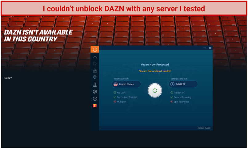 Screenshot of DAZN website being blocked while connected to Ivacy VPN