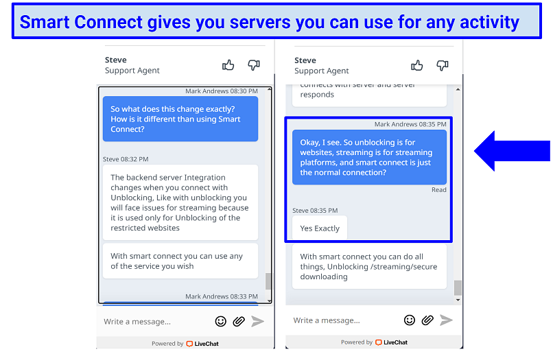Screenshot of Ivacy live chat where support staff told me how its server categories differ