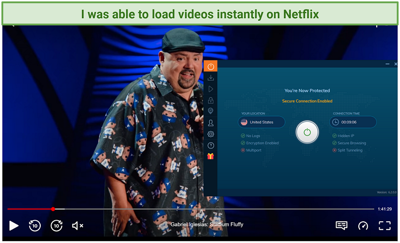 Screenshot of Netflix Player streaming Stadium Fluffy while connected to Ivacy VPN