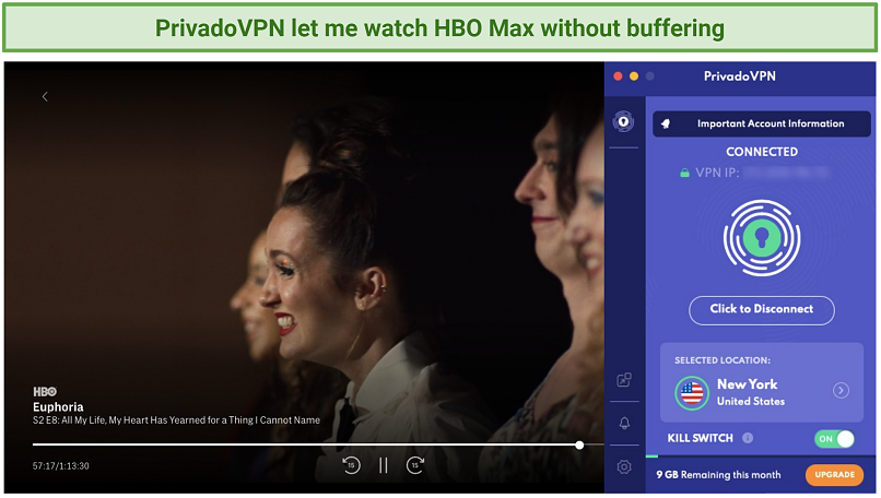Screenshot of PrivadoVPN unblocking HBO Max
