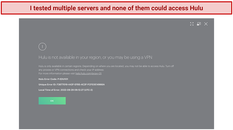 Screenshot of PrivadoVPN being blocked by Hulu