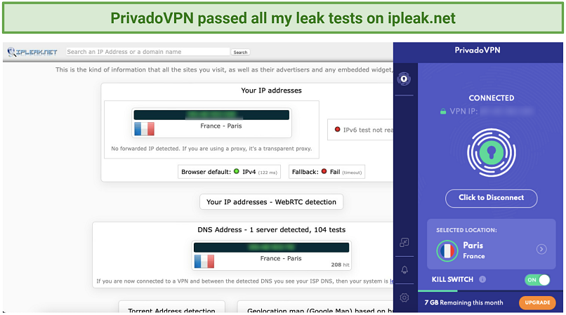 Screenshot of leaktest with PrivadoVPN