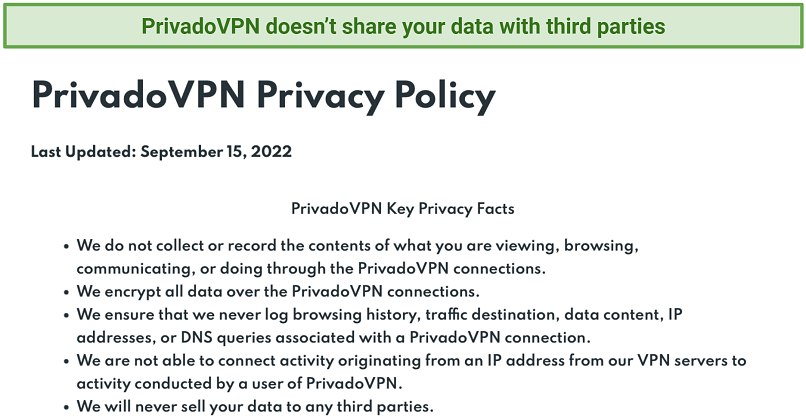 Screenshot of PrivadoVPN's privacy policy