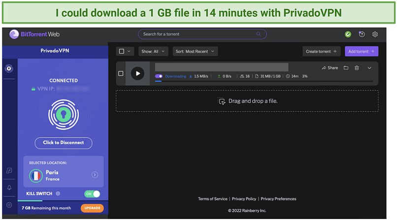 Screenshot of torrenting with PrivadoVPN