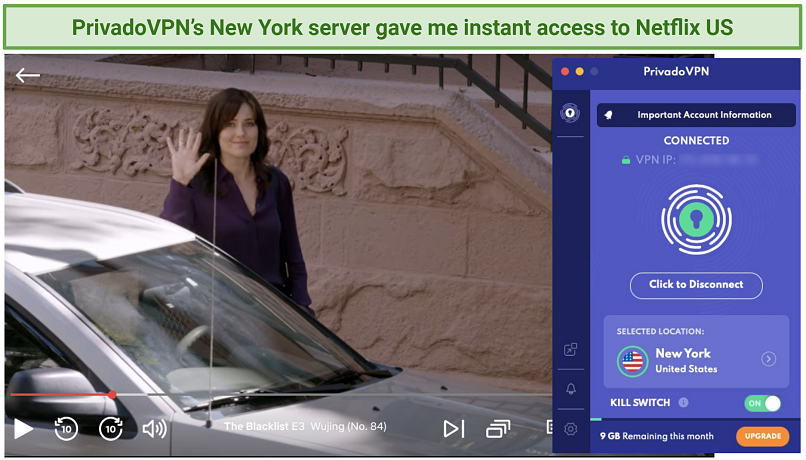 Screenshot of PrivadoVPN unblocking Netflix US using a New York server