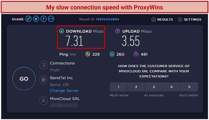 Screenshot of Ookla speed tests showing very slow speeds while connected to ProwyWins