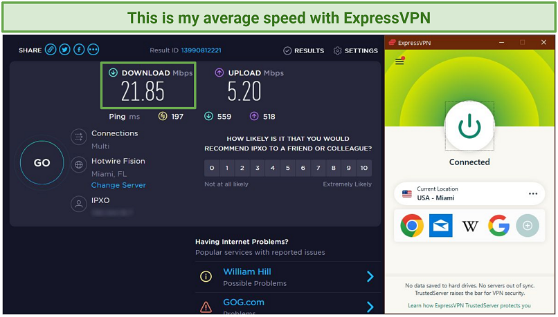 Screenshot of a speed test while connected to ExpressVPN showing an insignificant reduction in speed