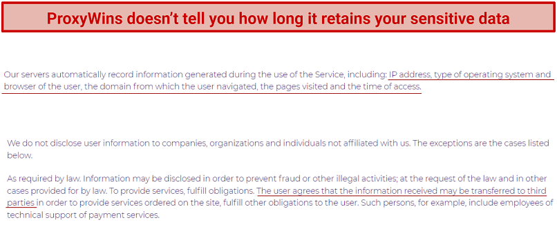 Screenshot of ProxyWins privacy policy highlighting the data it logs