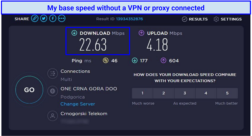 Screenshot of a speed test showing the writer's connection speeds without a VPN.