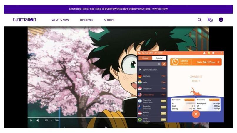 A screenshot of Turbo VPN unblocking Funimation.