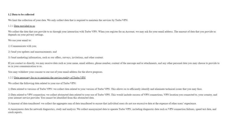 A screenshot of TurboVPN's privacy policy