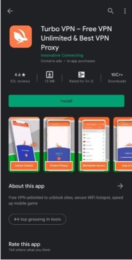 A screenshot of the Turbo VPN mobile app.