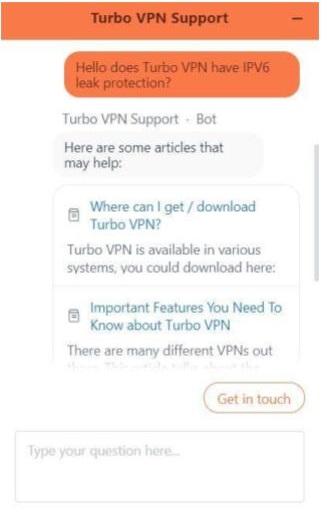 A screenshot of Turbo VPN's customer support