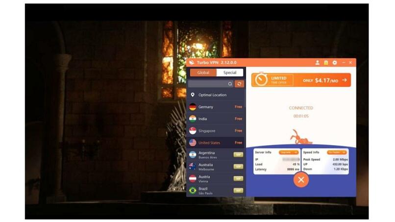 A screenshot of Turbo VPN unblocking HBO Max.
